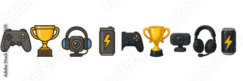 Game-related icons featuring controllers, trophies, and accessories for gaming enthusiasts and competitive players