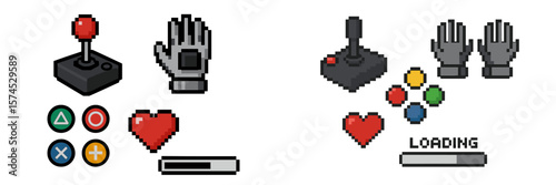 Retro gaming icons representing joystick, heart, hand controller, and loading screen for nostalgic gaming experience