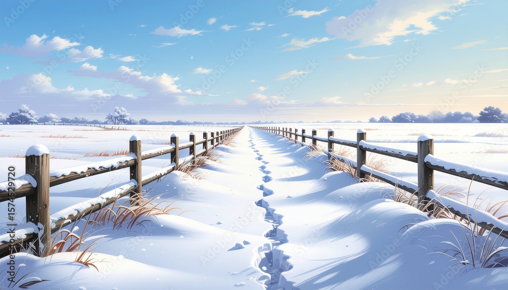 Naklejka premium Snowy Path Leading to the Horizon Under a Blue Sky with Clouds Anime Style