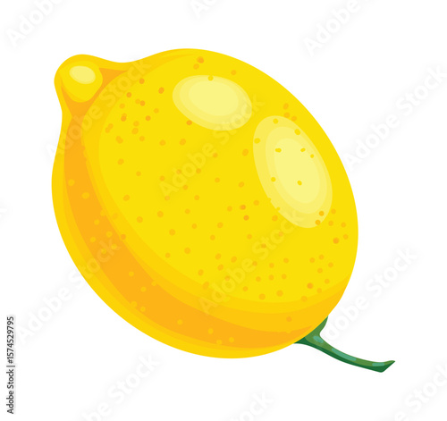Juicy and vibrant, a whole lemon with its bright yellow rind and attached green stem captures the essence of fresh citrus, promising an explosion of tart flavor and refreshing aroma