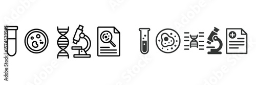 Medical and scientific research symbols illustrate laboratory activities and biological studies