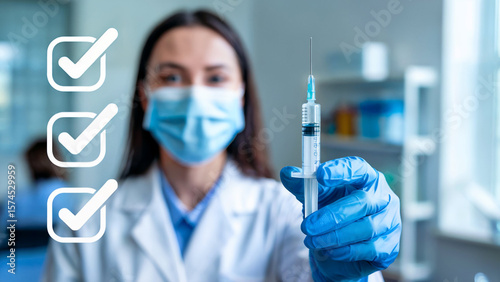 Healthcare professional wearing a mask and gloves holds a syringe with checkmarks indicating successful vaccination or treatment completion