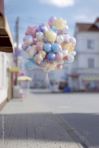 Bunch of colorful balloons floating in a deserted city street