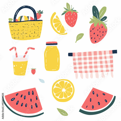 Naive summer picnic set with lemonade, fruits and basket, perfect for printable cards, nursery prints and seasonal packaging