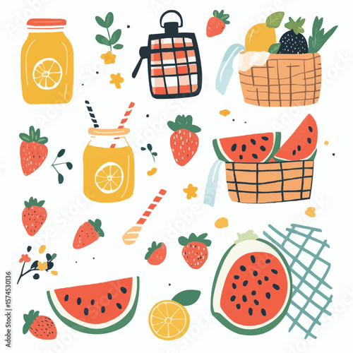 Naive flat picnic elements with fruits, lemonade and checkered blanket, ideal for eco packaging, digital paper and nursery wall art