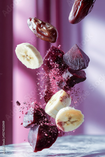 Beetroot, banana and dates floating with water droplets on pink background