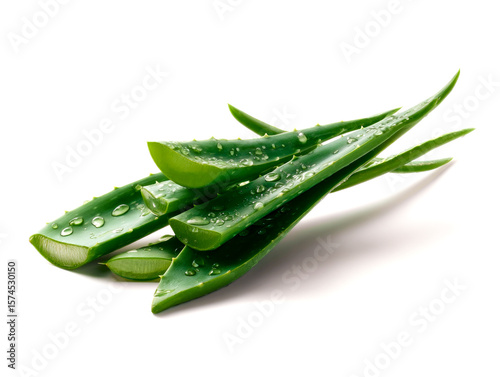Fresh aloe vera leaves with water drops on white background