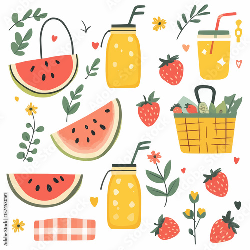 Flat naive picnic clipart with fruits, lemonade and basket, ideal for nursery wall art, cheerful greeting cards and eco-friendly packaging