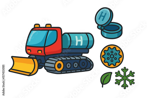 Colorful snowplow illustration with accessories for winter activities and nature conservation