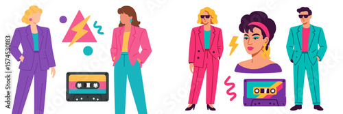 Fashionable women and men dressed in 1980s style outfits with geometric shapes and cassette tapes
