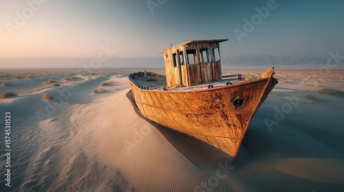 An abandoned ship rests in the desert sands under golden hour lighting creating a haunting scene