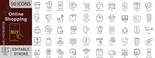 Online Shopping Line Icons Set with Editable Stroke for E-Commerce, Store Purchase, and Digital Retail Concepts