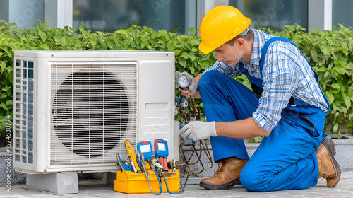 HVAC technician installing or servicing an outdoor heat pump or air conditioning unit, ensuring energy efficiency and comfortable climate control for modern homes.