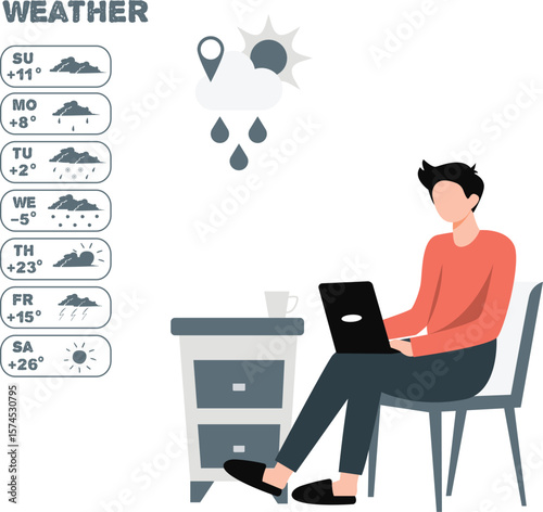 A boy is finding weather location on laptop