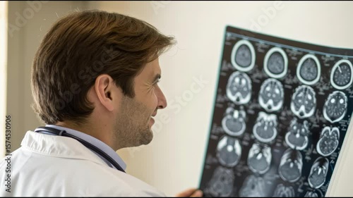 Medical Professional Examines MRI and Brain Scans, Highlighting Importance of Lung Cancer Awareness Healthcare and Diagnosis for Better Examination