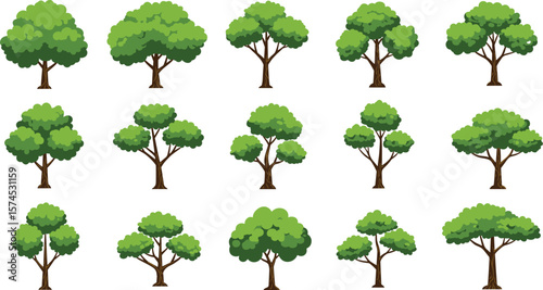 
Cartoon forest tree collection, vector landscape foliage, green trees and bushes set, nature background elements, eco jungle illustration bundle