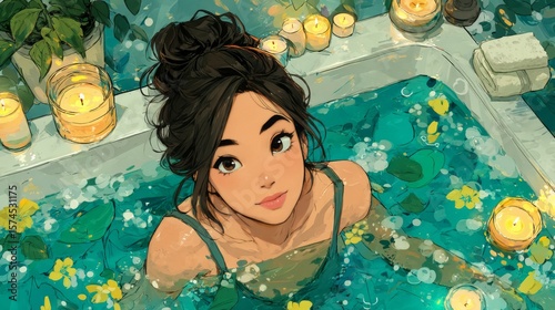 A woman relaxing in a bubble bath surrounded by glowing candles enjoying serenity