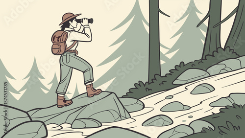Hiker with Binoculars on Rocky Trail