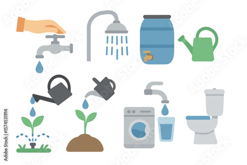 Various tools and symbols related to water usage in gardening and household activities on a neutral background