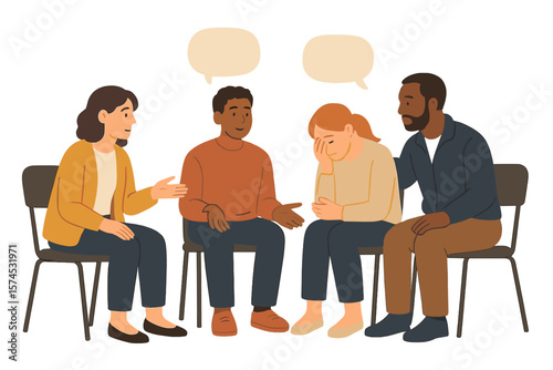 Supportive group conversation about emotions in a comforting environment