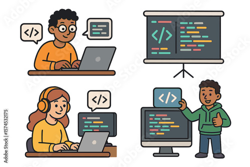Young individuals engaging in coding activities at a tech workshop with collaborative tools