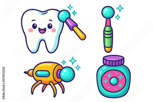 Bright and colorful dental illustrations featuring tooth, tools, and dental materials for educational purposes