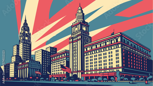 Illustration of a cityscape with tall buildings and a clock tower under a striped sky design