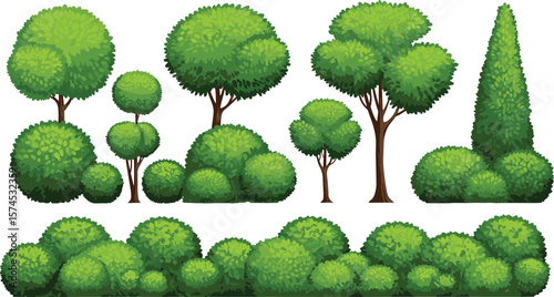 
Cartoon tree and bush collection, landscape greenery clipart set, garden topiary illustration, lush foliage design, nature asset bundle