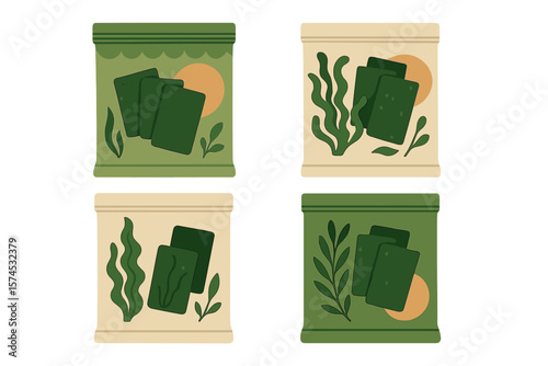 Colorful packaging design featuring snacks made from seaweed and green ingredients