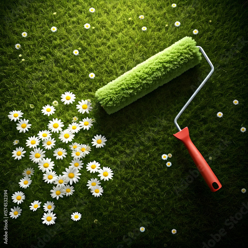  Conceptual image of interior design tools reimagined a paint roller painting walls with living daisies over a natural green canvas