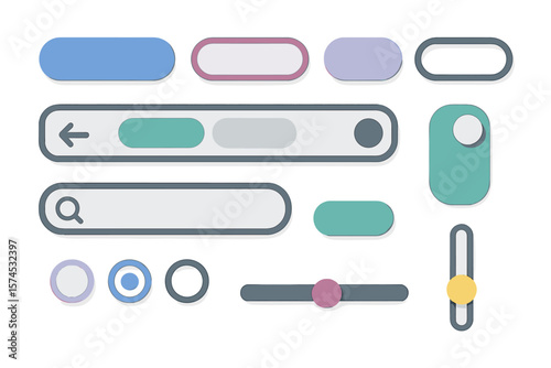 Various user interface elements designed with colorful shapes and clean lines for modern applications