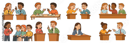 Students engaging in group discussions and debates in a classroom setting with various activities and interactions