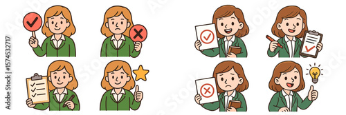 Emotions and expressions of a girl in various situations exhibiting positivity and negativity while holding signs and documents