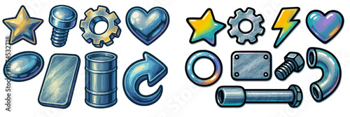 Collection of colorful metal shapes and mechanical parts arranged in an artistic layout on a white background