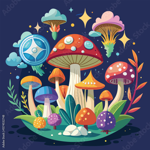 A vibrant vector illustration of diverse autumn mushrooms and fungi in a forest setting, ideal for seamless patterns