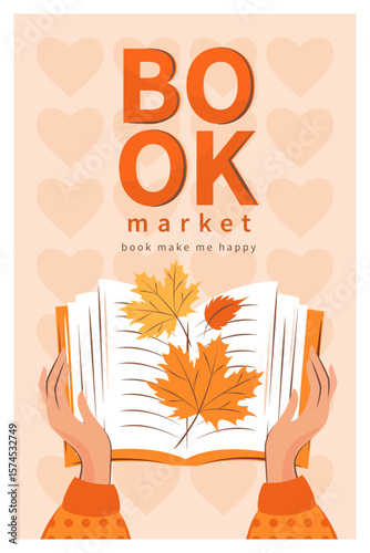 Banner for bookstore, library, sale in bookshop. Book market. Books with autumn bright leaves. Vector illustration for poster, cover, marketing.
