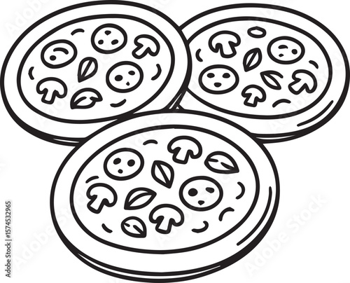 Cartoon delicious pizzas dish line art vector