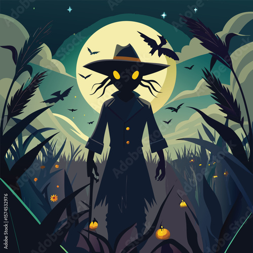 A spooky Halloween night illustration of a witch on a broom, with a black cat, bats, and a pumpkin silhouetted against the moonlit sky, perfect for a scary autumn celebration design