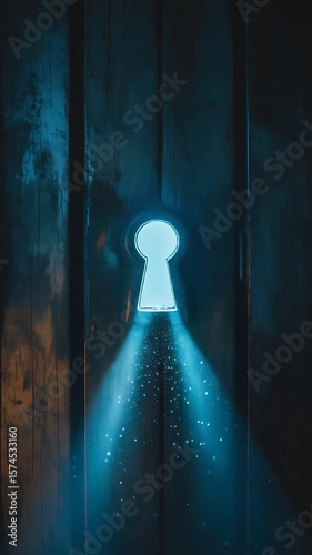 An aged wooden door with a built-in glowing keyhole emitting a soft blue light.