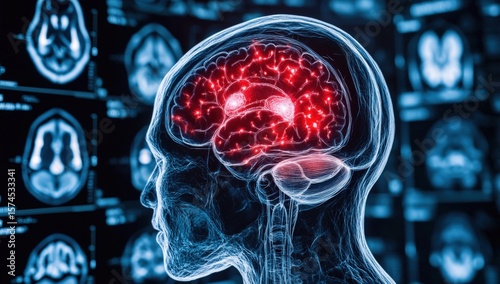 A digital illustration of a human brain highlighting neural activity within a transparent skull, set against blurred brain scan images in the background.