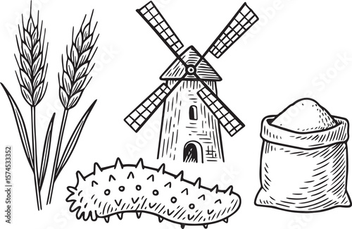 ears of wheat and flour sacks. Retro sketch bakery elements with mill and whole grains line art vector 