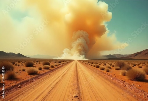 A dirt road leading to a wildfire in a desert landscape with a clear blue sky and a large plume of smoke	