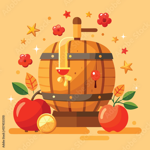 Red apples in a harvest basket with autumn leaves and small gourds, a healthy fall season illustration