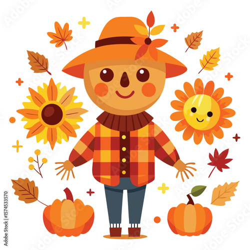 Autumn boy with orange pumpkins and fall leaves, a festive harvest season decoration
