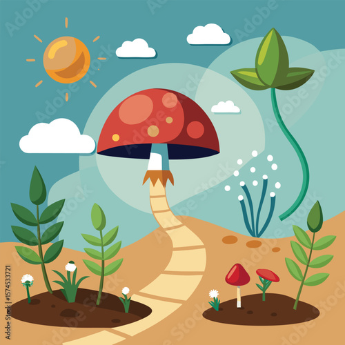 A whimsical autumn cartoon vector illustration of a mushroom umbrella in a rainy forest with colorful leaves