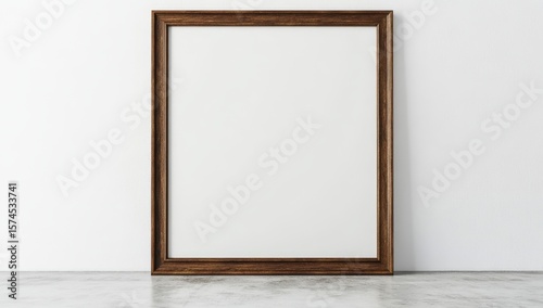 A simple wooden picture frame with a blank white canvas, leaning against a white wall on a marble surface.