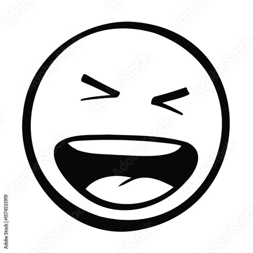 The image depicts a laughing smiley face with exaggerated expressions