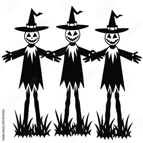 Whimsical cartoon witch and wizard silhouettes with a fun pumpkin for a Halloween party