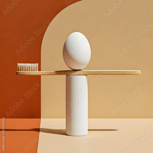  Flat lay of an organic toothbrush and egg resting on a two-tone terracotta and beige canvas, styled with modern minimalism and eco-friendly values, with open negative space