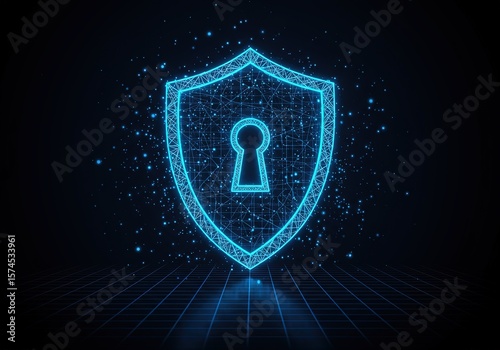 Shield Keyhole Circuitry on Grid, Glowing Blue Lines, Cybersecurity Abstract Design